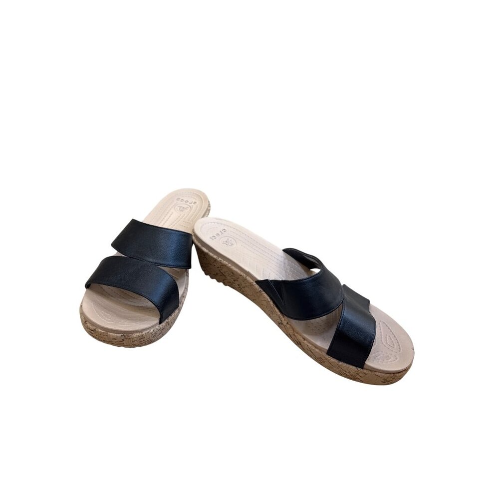 Crocs Womens Black Cork Wedge Sandals Size 10W SKU8135